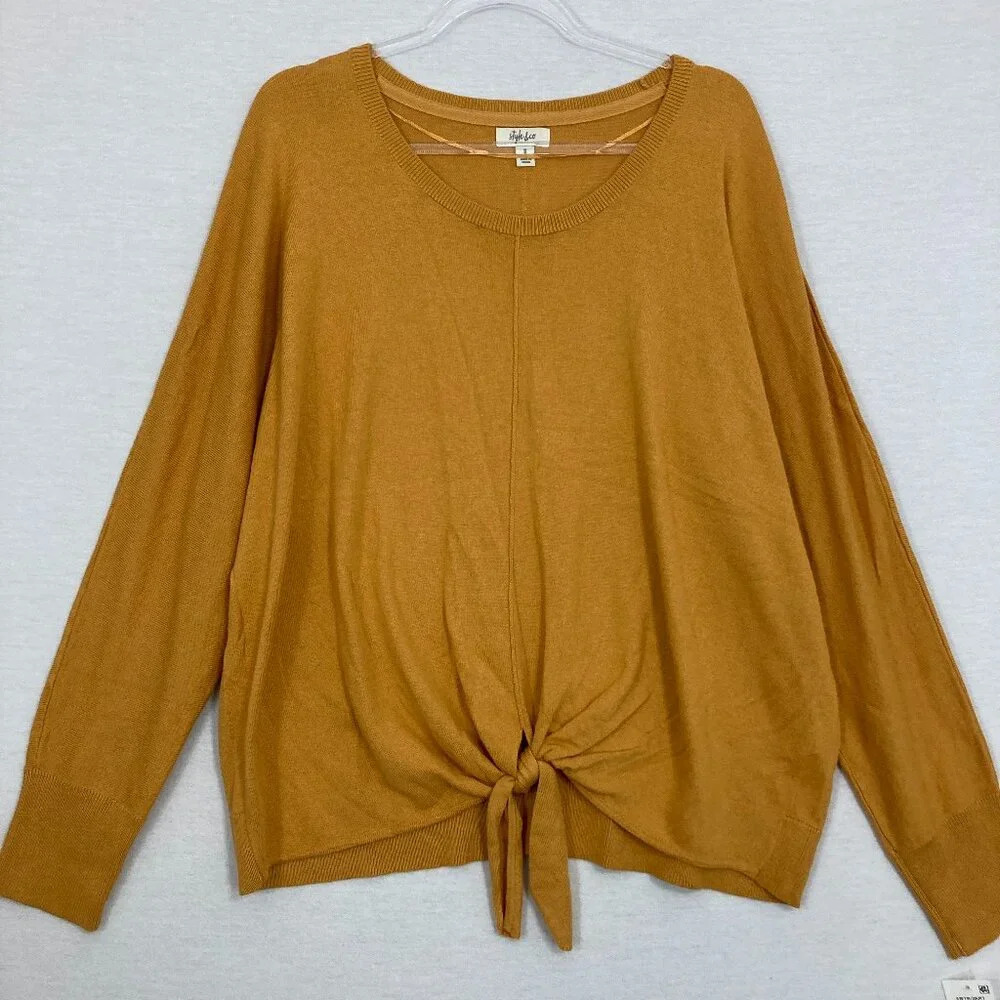 New Style & Co Yellow Mustard Round Neck Tie Front Tight Knit‎ Light Sweater XL
